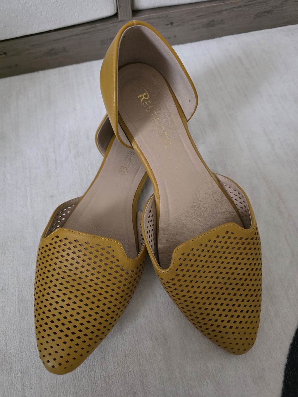 Restricted Mustard Yellow Perforated Pointed D'Orsay Flats